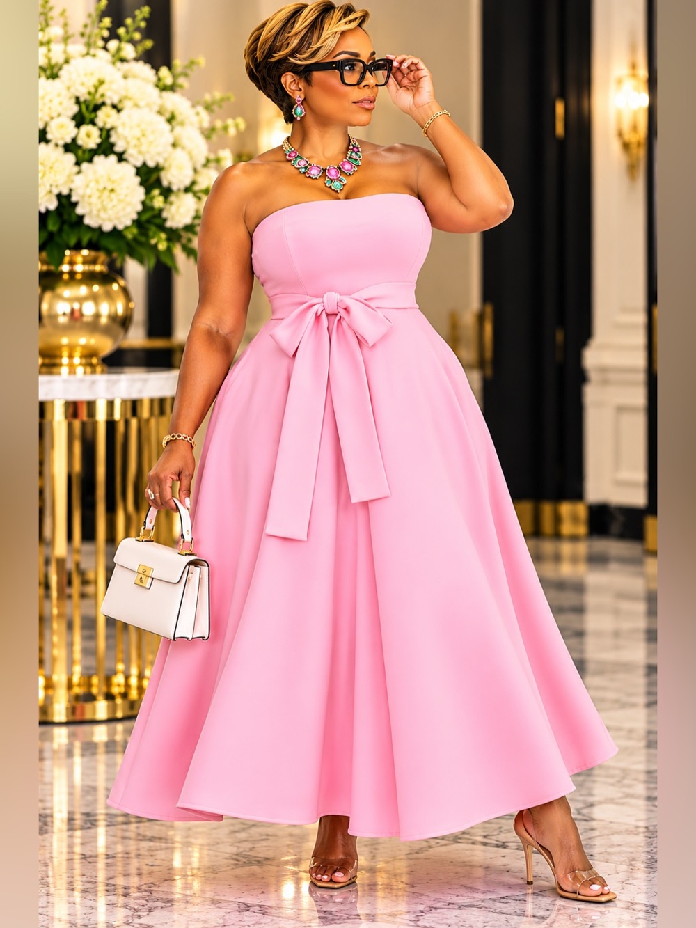 Elegant Strapless Pink Bow Midi Dress – Curvy Fit Party & Wedding Guest Style